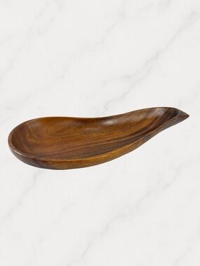 Vintage Monkey Pod Wooden Curvy Leaf Shape Boat Serving Bowl Dish Platter